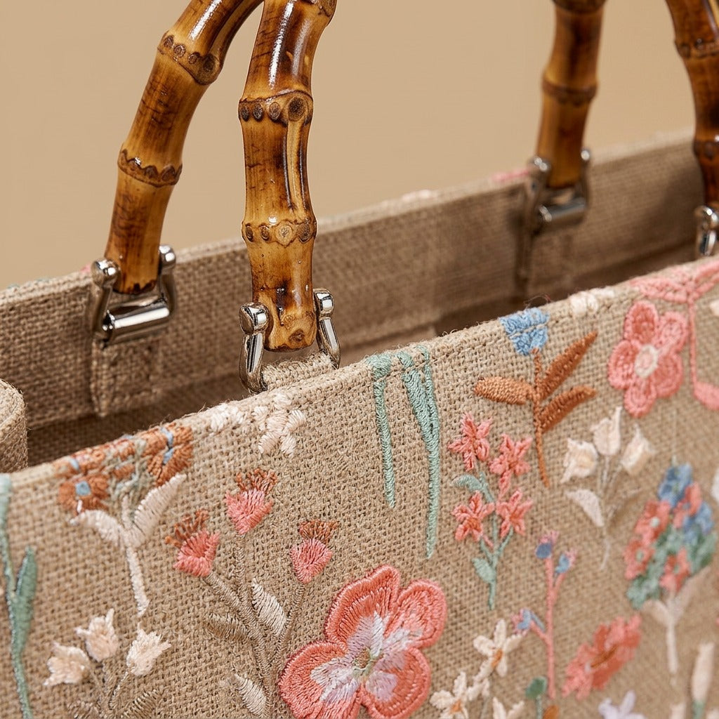 Elegant High-end Large-capacity Bamboo-handle Tote Bag Straw-woven