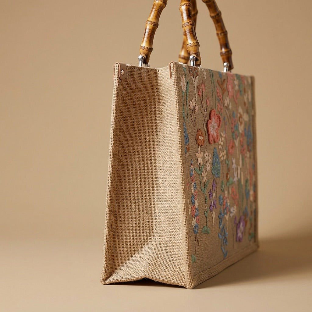 Elegant High-end Large-capacity Bamboo-handle Tote Bag Straw-woven