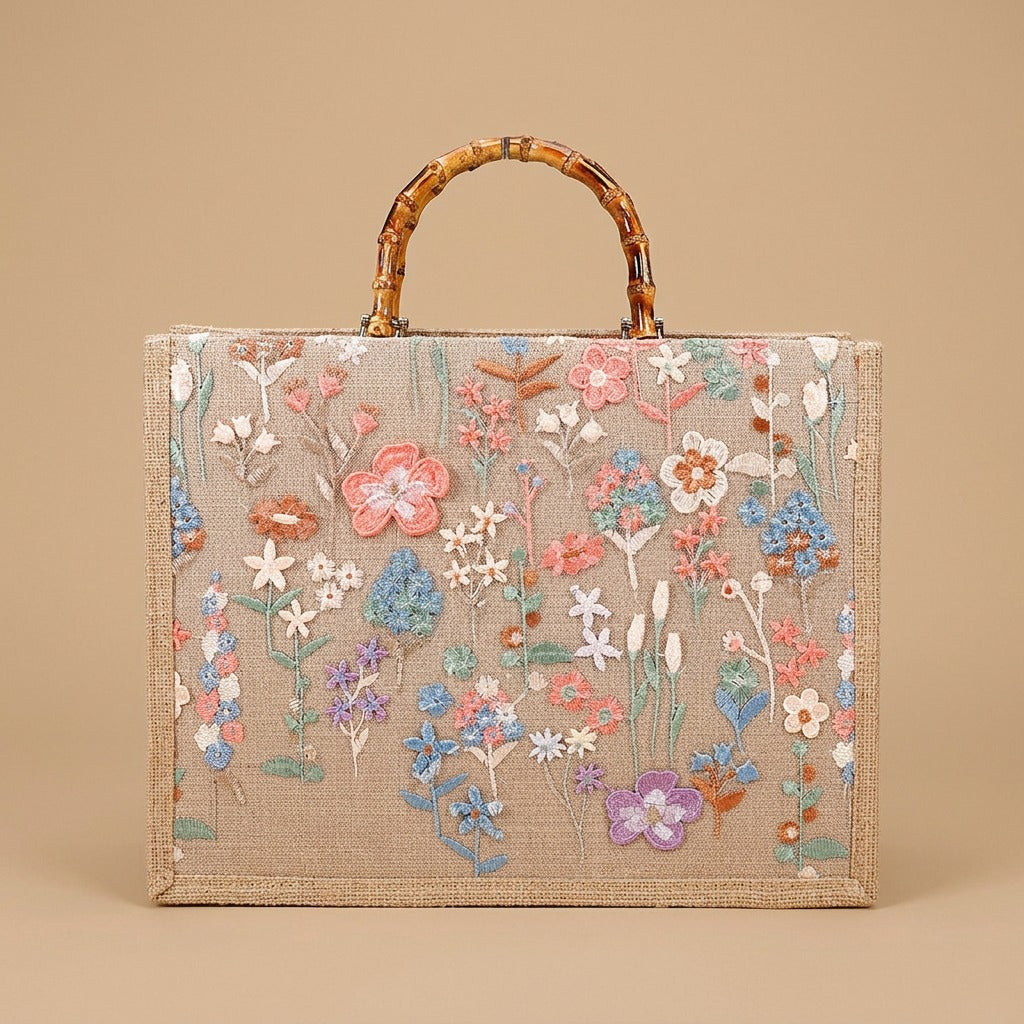 Elegant High-end Large-capacity Bamboo-handle Tote Bag Straw-woven