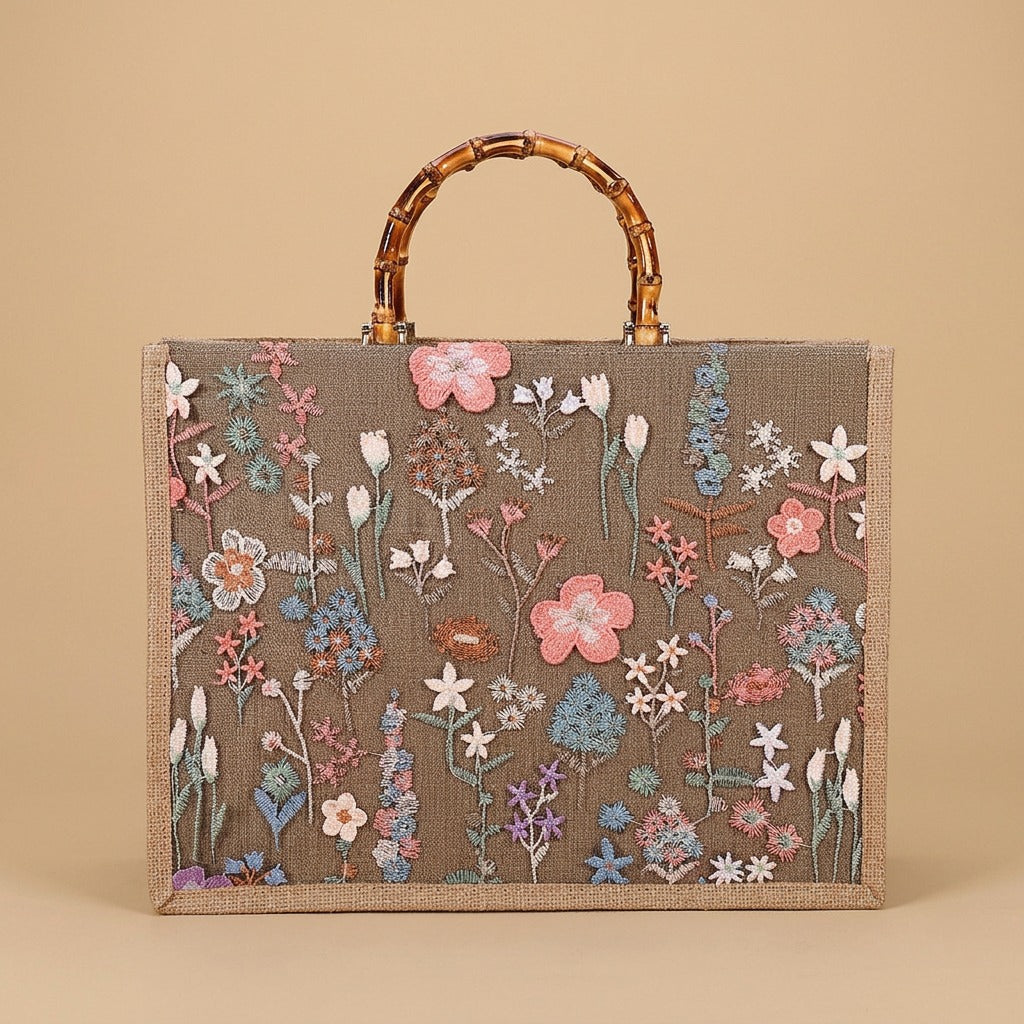 Elegant High-end Large-capacity Bamboo-handle Tote Bag Straw-woven