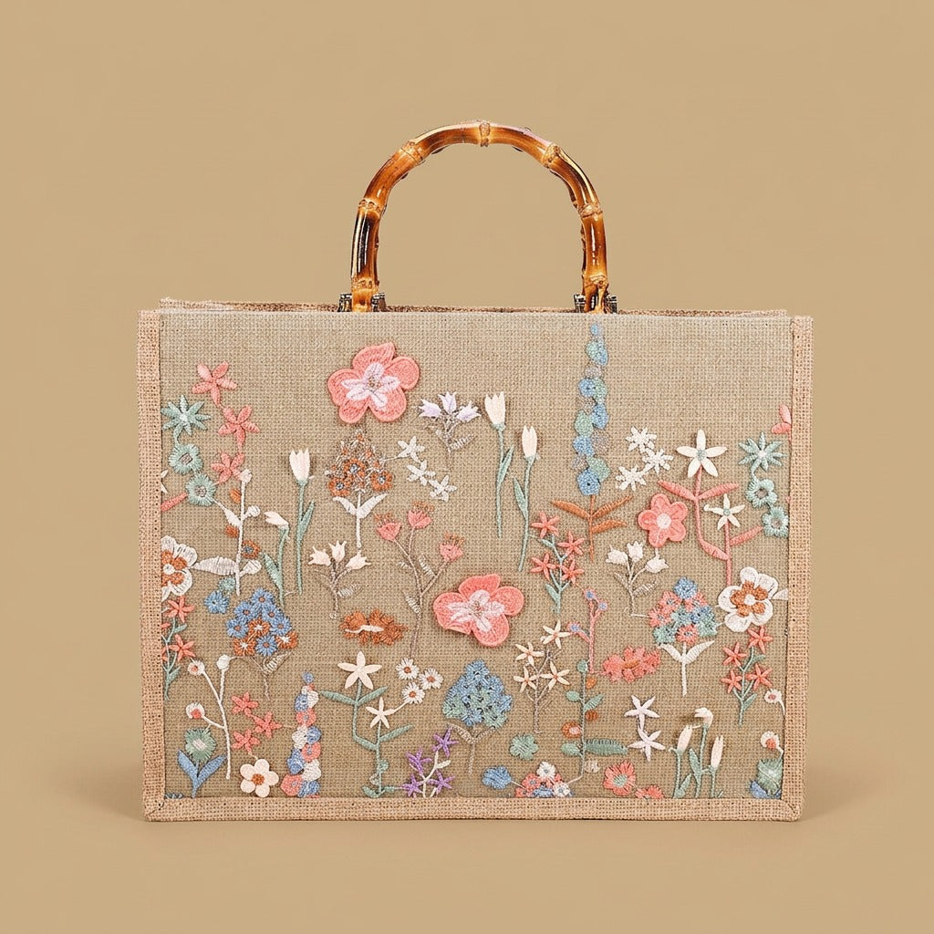 Elegant High-end Large-capacity Bamboo-handle Tote Bag Straw-woven
