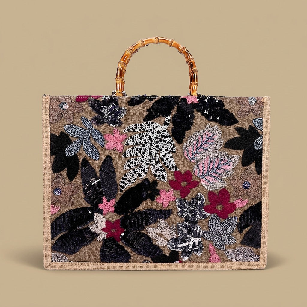 Elegant High-end Large-capacity Bamboo-handle Tote Bag Straw-woven