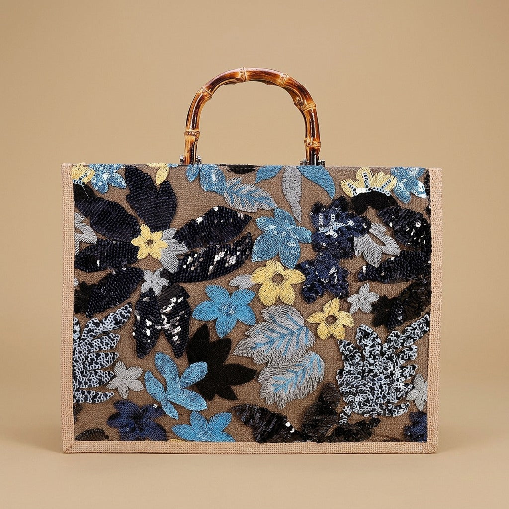 Elegant High-end Large-capacity Bamboo-handle Tote Bag Straw-woven
