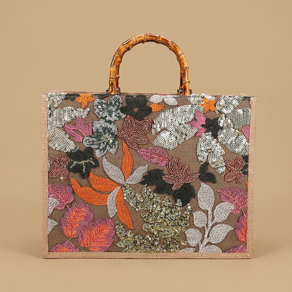Elegant High-end Large-capacity Bamboo-handle Tote Bag Straw-woven