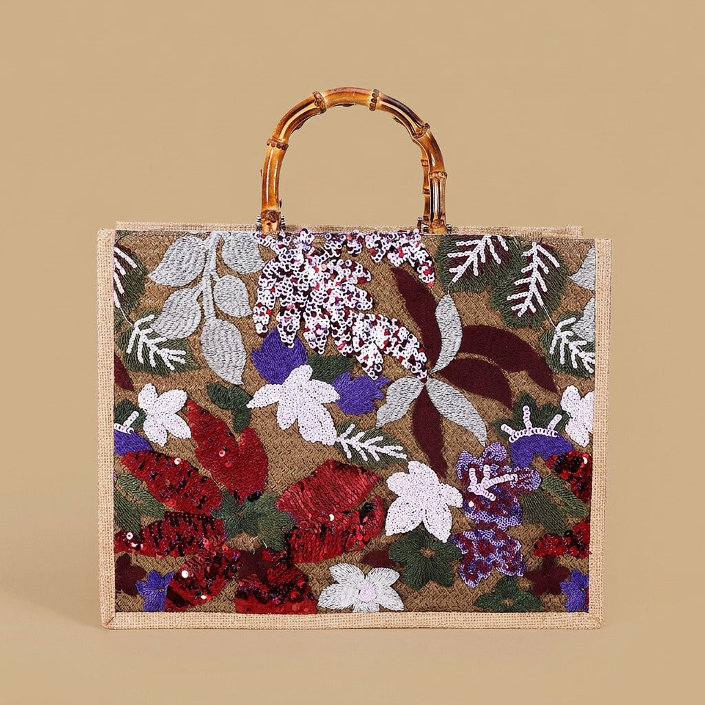 Elegant High-end Large-capacity Bamboo-handle Tote Bag Straw-woven