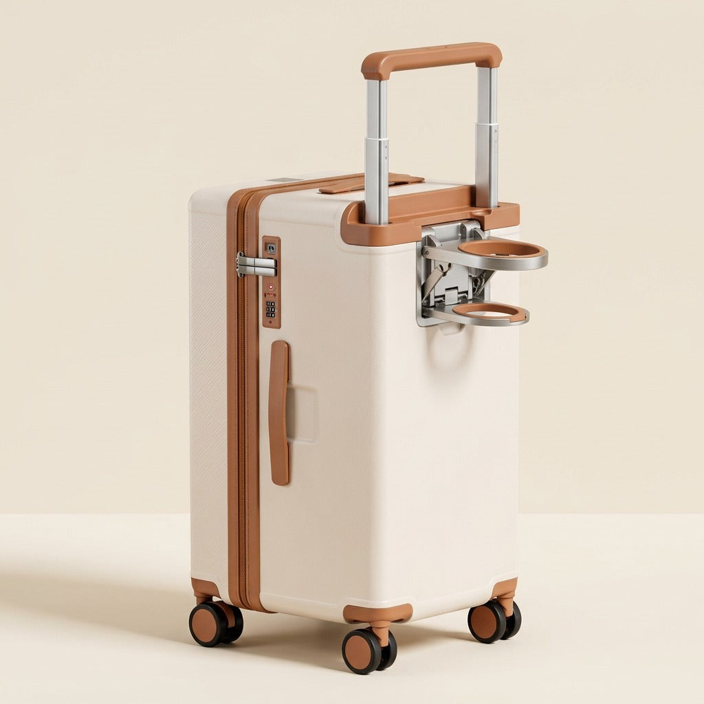 Front-Opening Wide-Handle Suitcase with Cup Holder & USB Port