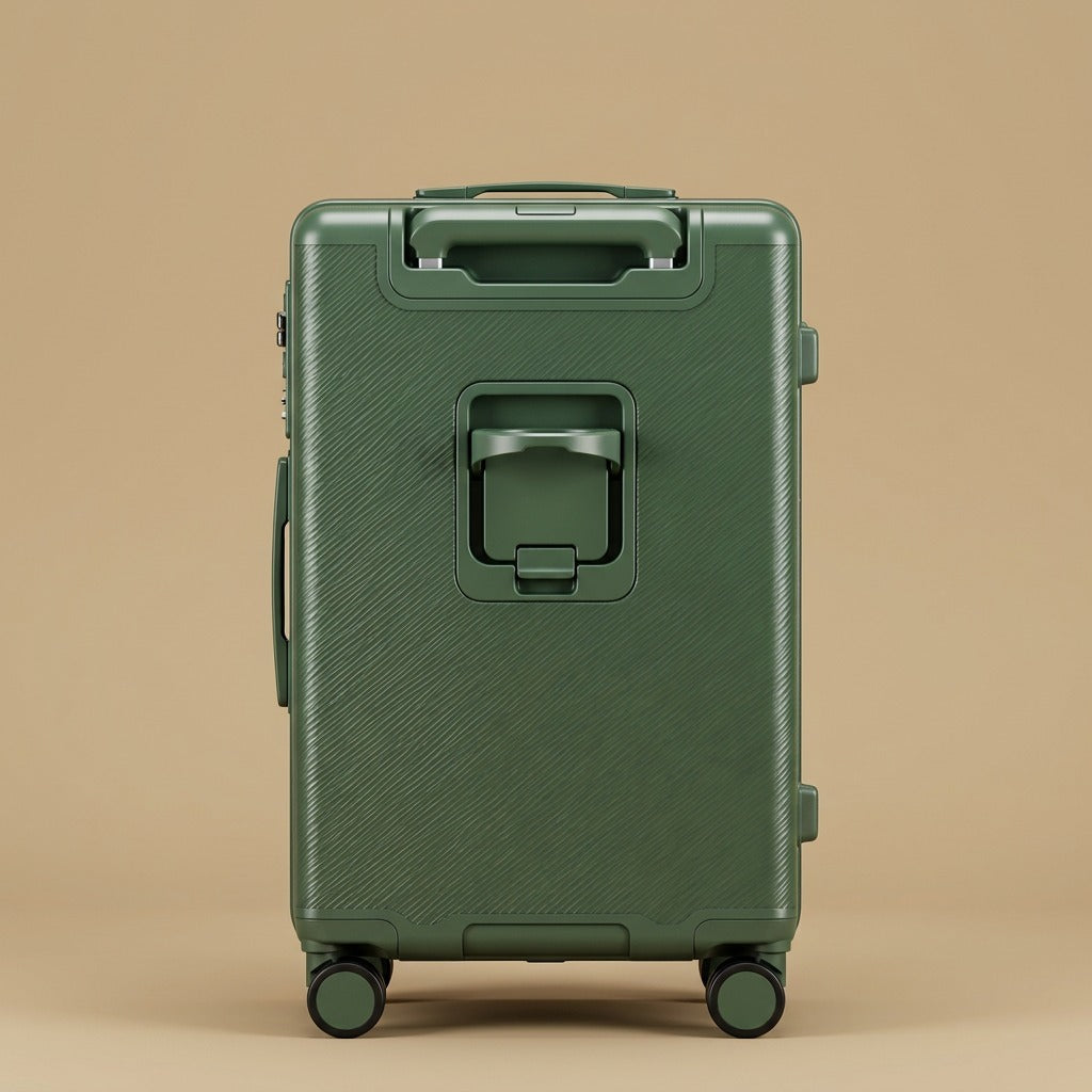 Front-Opening Wide-Handle Suitcase with Cup Holder & USB Port