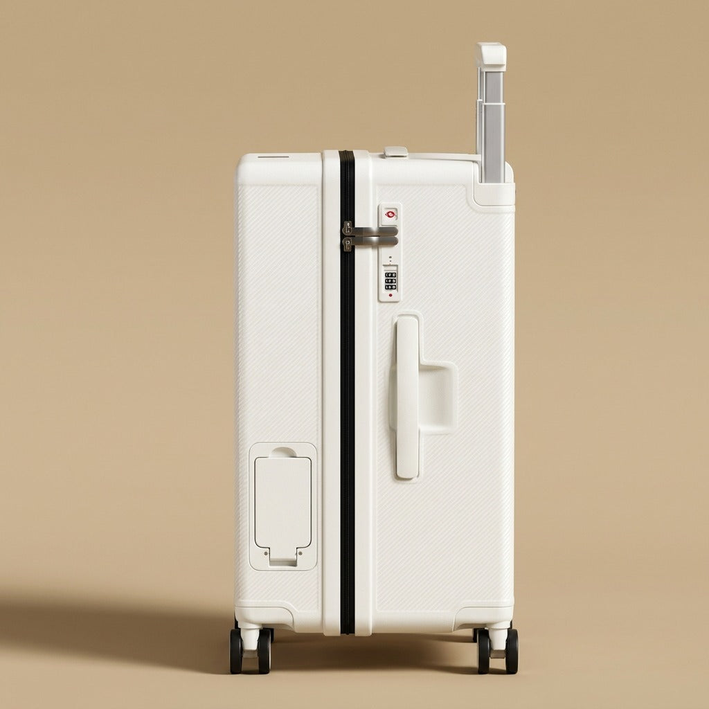 Front-Opening Wide-Handle Suitcase with Cup Holder & USB Port