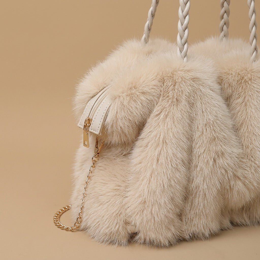 New Plush High-end Fashion Pleated Faux Fox Fur Shoulder Bag