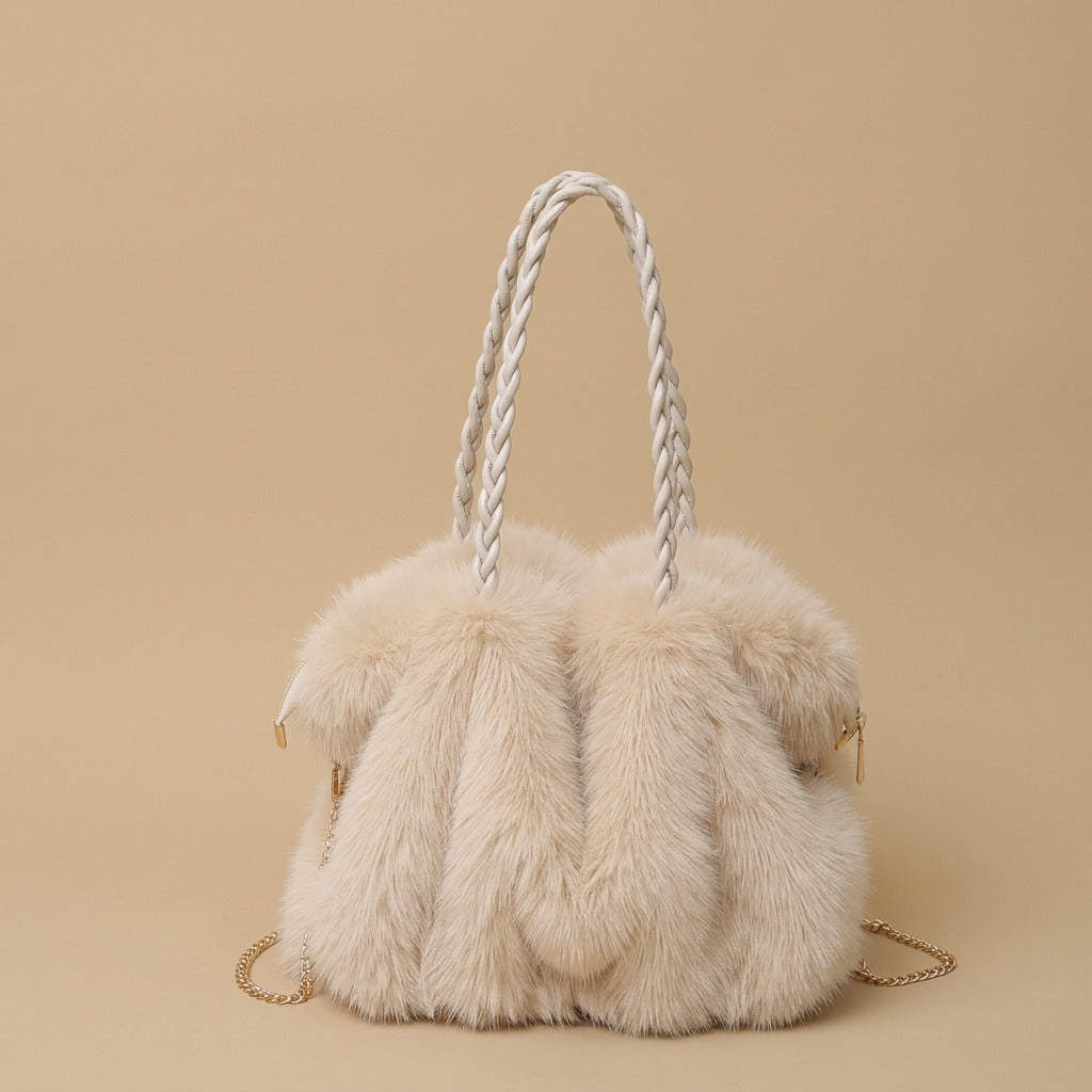 New Plush High-end Fashion Pleated Faux Fox Fur Shoulder Bag