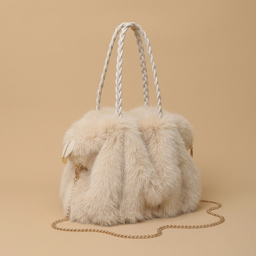 New Plush High-end Fashion Pleated Faux Fox Fur Shoulder Bag