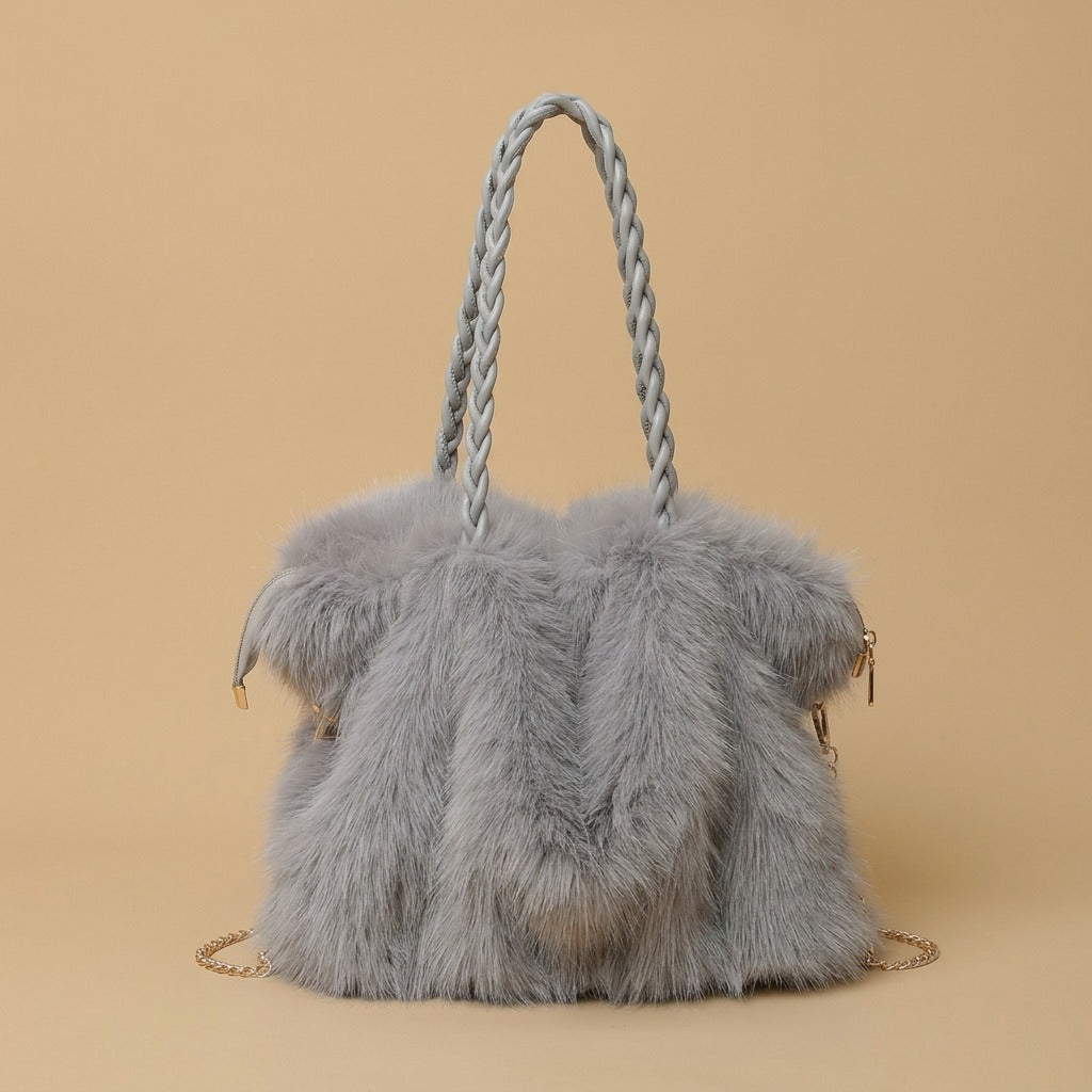 New Plush High-end Fashion Pleated Faux Fox Fur Shoulder Bag