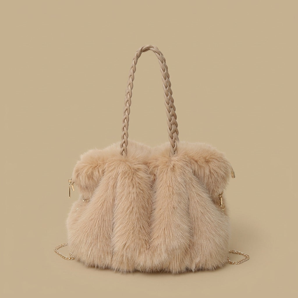 New Plush High-end Fashion Pleated Faux Fox Fur Shoulder Bag