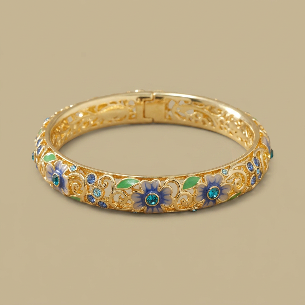 Bangle Bracelet with Floral Enamel