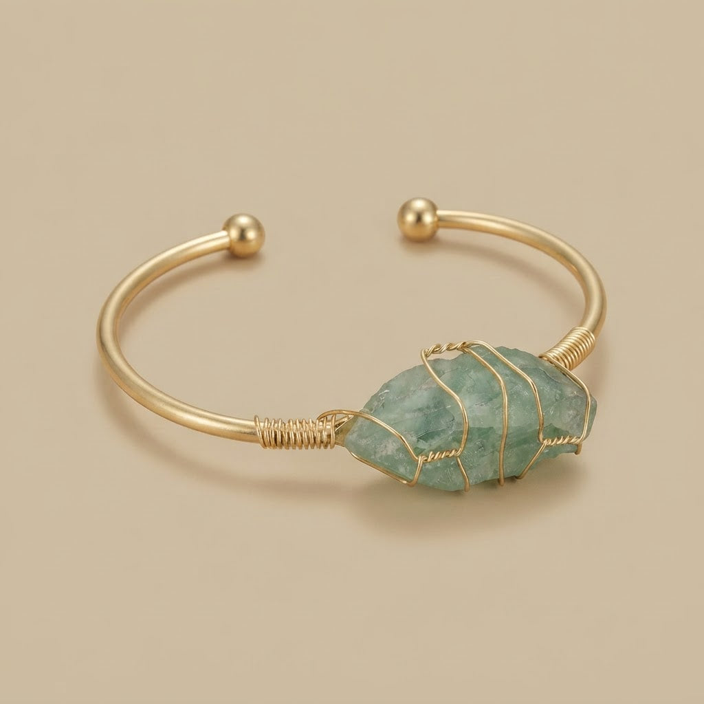 Bangle Bracelet with Wire-Wrapped Gemstone
