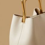 High-End Textured Vintage Leather Bucket Bag With Wooden Handle