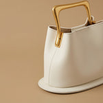 High-End Textured Vintage Leather Bucket Bag With Wooden Handle