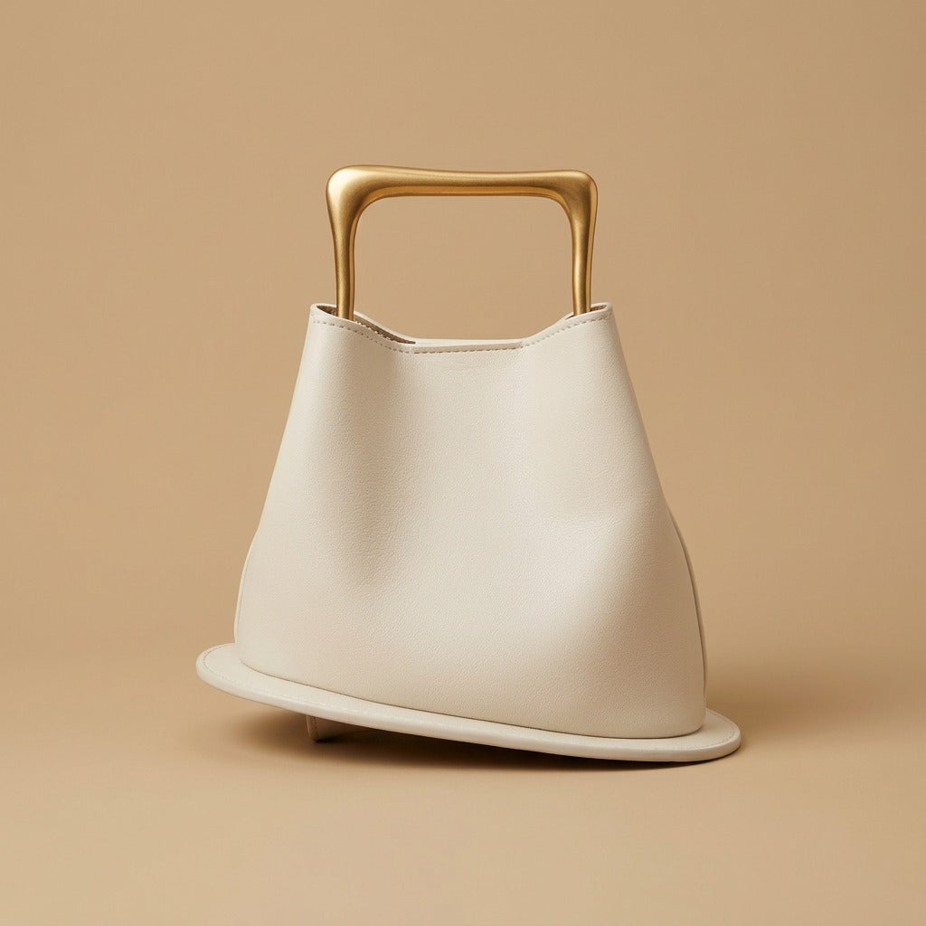 High-End Textured Vintage Leather Bucket Bag With Wooden Handle