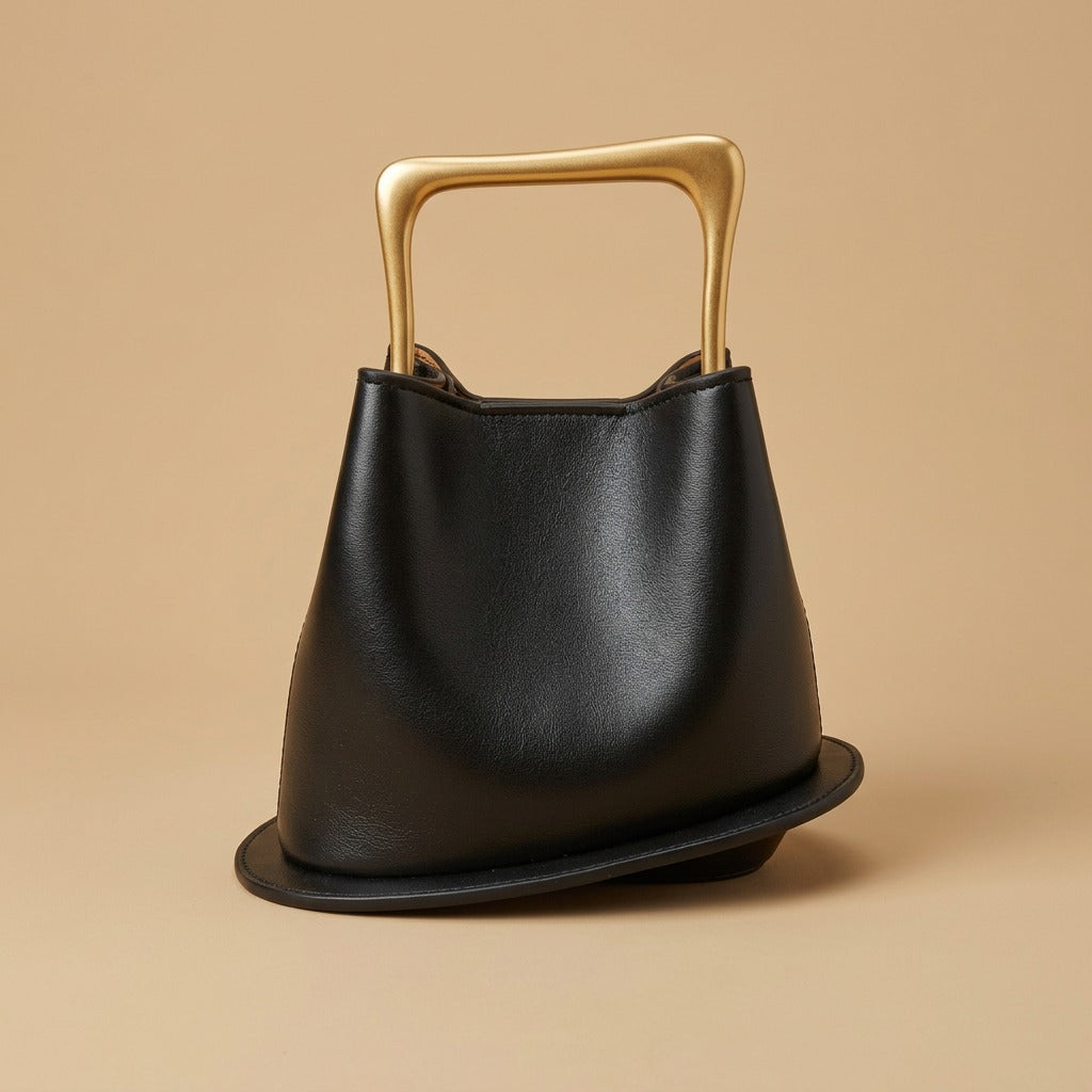 High-End Textured Vintage Leather Bucket Bag With Wooden Handle
