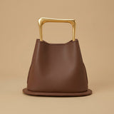 High-End Textured Vintage Leather Bucket Bag With Wooden Handle